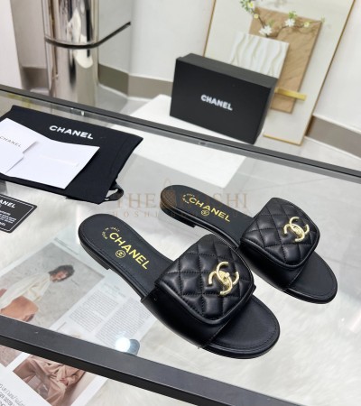 CHANEL LOGO SLIDES SANDALS BLACK LEATHER SOLE 35-43 - 35