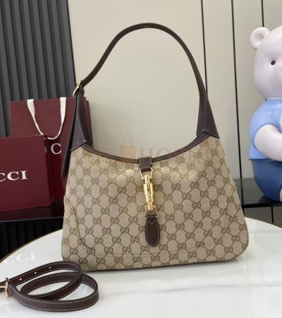 GUCCI JACKIE SLIM FAMIGLIA CROSSBODY BAG GG CANVAS LEATHER TRIM BEIGE BROWN 28×19×4.5CM MASTER QUALITY